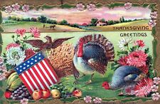 THANKSGIVING-Turkeys, Flag Shield and Eagle Thanksgiving Greetings Postcard-1910 picture