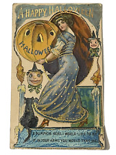 Victorian Lady Holding JOL A Happy Halloween Postcard~Antique~Cat-Goblins~c1913 picture