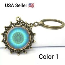 New Blue Flower Of Life Key Ring Art Glass Pendant Mandala Key Chain Sacred picture