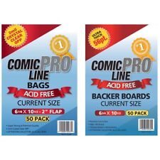 50 Pack - ComicProLine Current Size Comic Book OPP Bags + 56PT Backer Boards picture