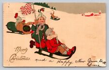 c1905 Curt Teich Children Sled Sleighs Snow Church Scene Merry Christmas P176A picture