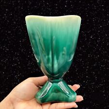 Vintage Early Pottery Vase Green Glaze Triangular Hand Made 7.25”T 4.5”W picture
