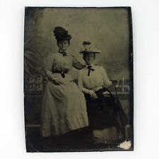 Affectionate Girls Holding Parasol Tintype c1870 Antique 1/6 Plate Photo A3723 picture