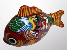 Vintage Terra Cotta Pottery Hand Painted Talavera Style Fish Piggy Bank Mexico picture