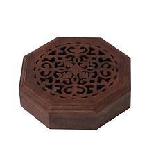 Small Brown Wood Octagonal Carving Storage Accent Box ws2629 picture