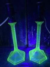 Pair Of Vintage Green Depression Glass Vaseline Lamps 12” picture