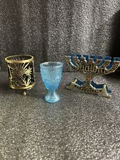 Oppenheim Brass Memorial Candle Shalom Brass Napkin Holder Blue Glass Israel Lot picture