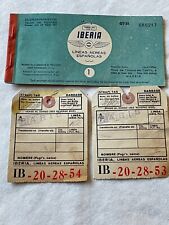VINTAGE 1952 IBERIA AIRLINES OF SPAIN AIRLINE TICKET BOOKLET & 2 BAGGAGE TAGS picture