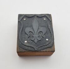 Antique Fleur De Lis Shield Print Block Metal Wood Stamp Block 1.75
