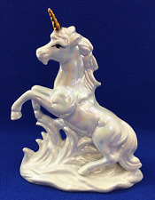 Vintage Rearing Unicorn Figurine White Pearlescent Gold Horn 6.75” Glossy Finish picture