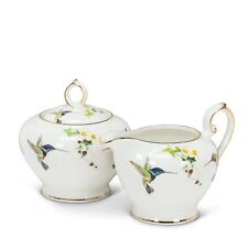Hummingbird Cream and Sugar with Lid Bone China 10K Gold Accents White Beauty picture