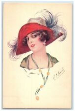 E Colombo Art Italian Pretty Girl Big Feather Hat Unposted Vintage Postcard picture