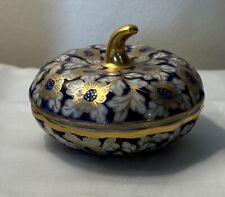 Rare Vintage Thailand  Porcelain Pumpkin Trinket Box Blue/Gold Floral 3x2 picture