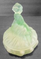 Green Satin Curtsy Girl Dancing Lady Powder Jar Dish Toussant Glass 1930s  picture