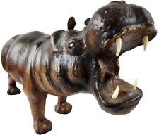 Vintage Hippo Brown Leather Wrapped Sculpture Open Mouth Extra Large 20