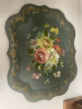 Vintage Large Tole Tray Hand Painted Floral 20”x25” Metal Tray picture