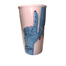 Starbucks Los Angeles LA Blue Hands Ceramic Pink Travel Tumbler Mug 12 ounce lid picture