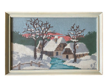 Vtg 60s MidCentury Needlepoint Completed Cabin Cottage Scenic Winter Frame 15x9 picture