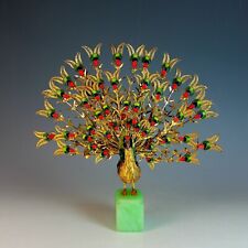 Cloisonne Peacock Bird Sculpture with Feathers on Green Stone Base picture