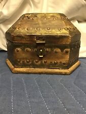 Vintage Hexagonal Wood Box Chest Lidded with Metal Detailing Very Nice picture