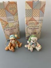 Enesco Calico Kittens 1993 Pair Cats Christmas Ornament Blue & Green Hat #623814 picture