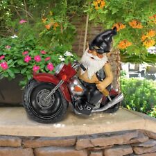 Bad to the Bone Tattoo Biker Gnome in Leather on Motorcycle Flame Tank Statue picture