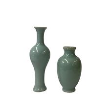 2 x Chinese Clay Ceramic Ware Wu Light Celadon Small Vase ws2767 picture