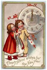 c1910's New Year Girls Clock Midnight Letter Embossed Tuck's Antique Postcard picture