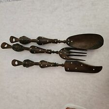 Vintage African Mozambique Hand Carved Wood Inlaid Large Spoon Fork & Knife Set picture