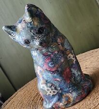 Ceramic Cat |Blue  Glazed Fabric Decoupage | Figurine | Cottagecore | Folk Art picture