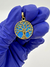 925 Sterling Silver Yellow Gold Plated Blue Opal Tree Of Life Round Pendant BM picture