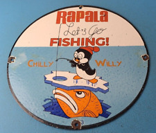 Vintage Rapala Fishing Lures Ad Sign - Chilly Willy Porcelain Gas Pump Sign picture