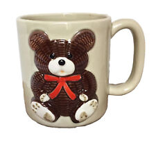 Vintage Otagiri Teddy Bear Coffee Mug Hand Painted Red Ribbon 3D Raised picture