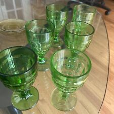 6 Vtg Hazel Atlas Colonial Block Green Uranium Goblet Drinking Glasses Glow picture