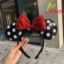 Disney Parks Minnie Mouse Sequined Black White Polka Dot Red Bow Ears Headband picture