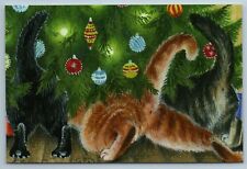 THREE CATS under CHRISTMAS Tree 3 curious tails Funny Comic Humor New Postcard picture