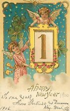 Happy New Year 1905 Four Leaf Clover Shammrocks Angels cherub Postcard picture