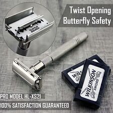 Twist Open Butterfly Safety Razor &10 Double Edge Blades Classic Shaving Vintage picture