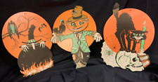 3 Vintage Halloween Die Cut Wall Hanging USA Beistle Co Cat Witch Scarecrow picture