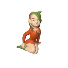 Vintage Seated Pixie Elf Girl Bisque In Orange Dress, Green Hat & Boots 3.75” 2” picture
