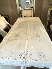 Vintage Ecru Linen Floral Cutwork Embroidered Tablecloth 69” x 59” Lace Trim picture