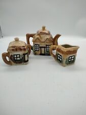 Vintage Ceramic English Cottage Tea Pot & Matching Creamer  & Sugar Bowl Japan picture
