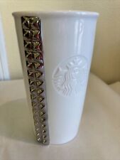 STARBUCKS - 2014 White Ceramic Silver Studded Travel Tumbler Coffee Mug No Lid picture