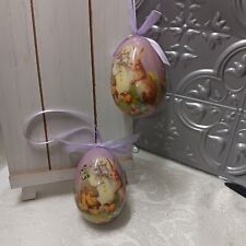 Vtg Easter Egg Hanging Ornaments papier-mâché  bunny rabbits 2.5” Lot Of 2 picture