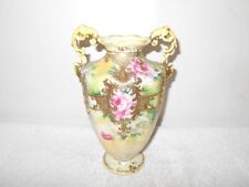 NIPPON VTG 1900'S ROSE JEWELED GOLD MAPLE LEAF BEADED HAND PAINTED VASE        picture