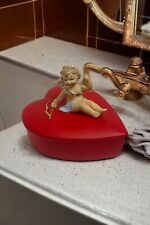 Lefton Ceramic Cupid on Heart Shaped Lidded Trinket Box Vintage 1950s Item #2210 picture