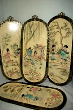 VINTAGE JAPANESE SHIBAYAMA WALL RELIEF PLAQUES GEISHAS HP SET 4 LACQUER WOOD LG picture