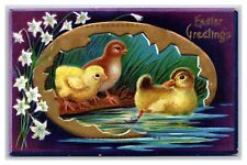 Fantasy Easter Greetings Chicks Gilt Egg Embossed DB Postcard  H27 picture