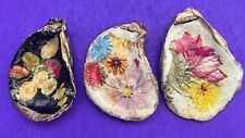 Set of 3 Beautiful Vintage Floral Hand Painted Decoupage Oyster Shells SALE picture