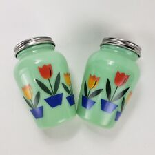 New Jadeite Tulip Salt & Pepper Shaker Set Modern Green Milk Glass & Metal Lids picture